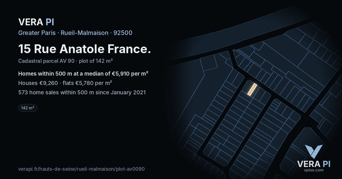 15 Rue Anatole France, Rueil-Malmaison at night – the plot lit, the parcels around coloured by the prices near them