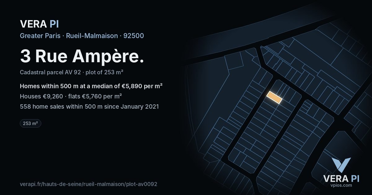 3 Rue Ampère, Rueil-Malmaison at night – the plot lit, the parcels around coloured by the prices near them