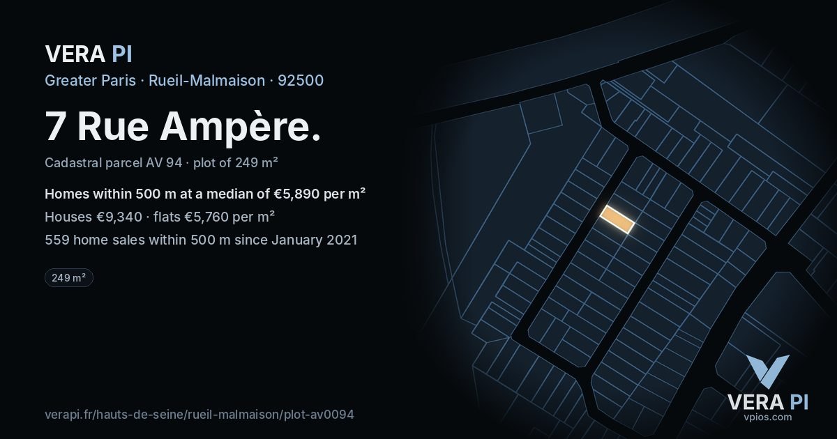 7 Rue Ampère, Rueil-Malmaison at night – the plot lit, the parcels around coloured by the prices near them