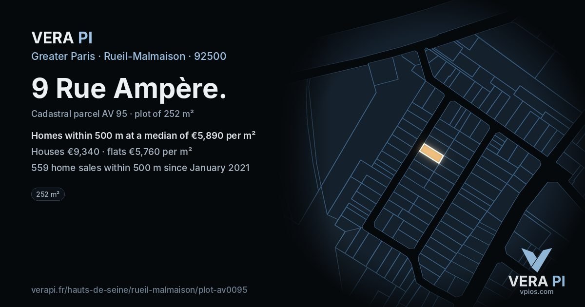 9 Rue Ampère, Rueil-Malmaison at night – the plot lit, the parcels around coloured by the prices near them