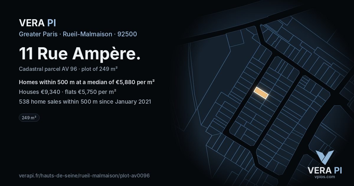 11 Rue Ampère, Rueil-Malmaison at night – the plot lit, the parcels around coloured by the prices near them