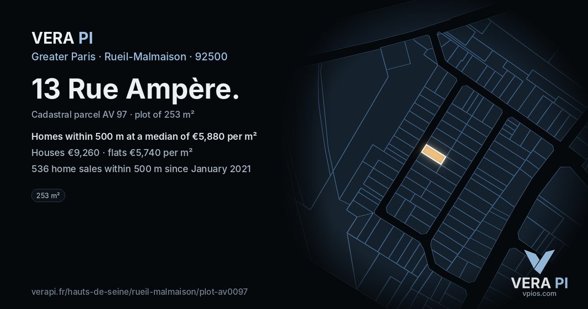 13 Rue Ampère, Rueil-Malmaison at night – the plot lit, the parcels around coloured by the prices near them