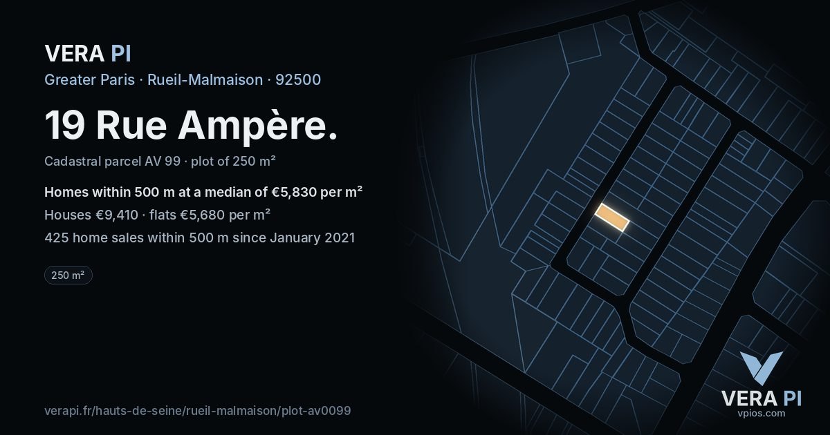 19 Rue Ampère, Rueil-Malmaison at night – the plot lit, the parcels around coloured by the prices near them