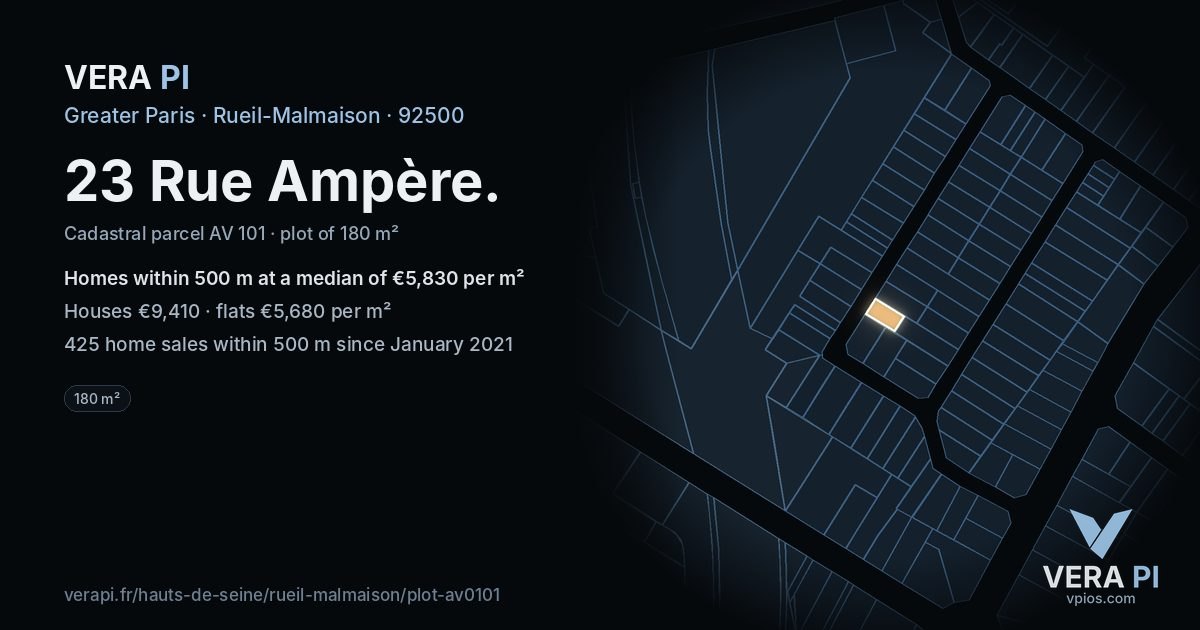 23 Rue Ampère, Rueil-Malmaison at night – the plot lit, the parcels around coloured by the prices near them