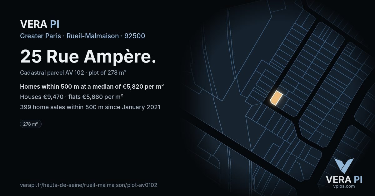 25 Rue Ampère, Rueil-Malmaison at night – the plot lit, the parcels around coloured by the prices near them