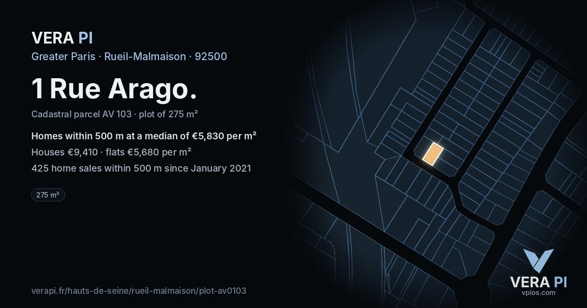 1 Rue Arago, Rueil-Malmaison at night – the plot lit, the parcels around coloured by the prices near them