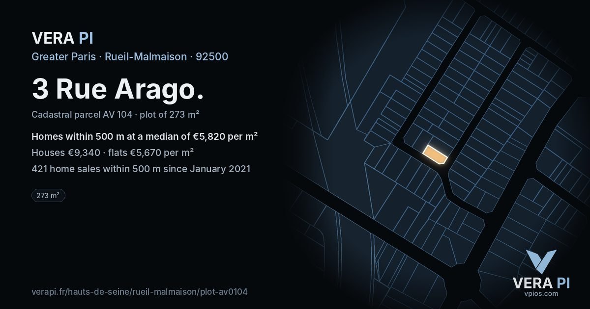 3 Rue Arago, Rueil-Malmaison at night – the plot lit, the parcels around coloured by the prices near them