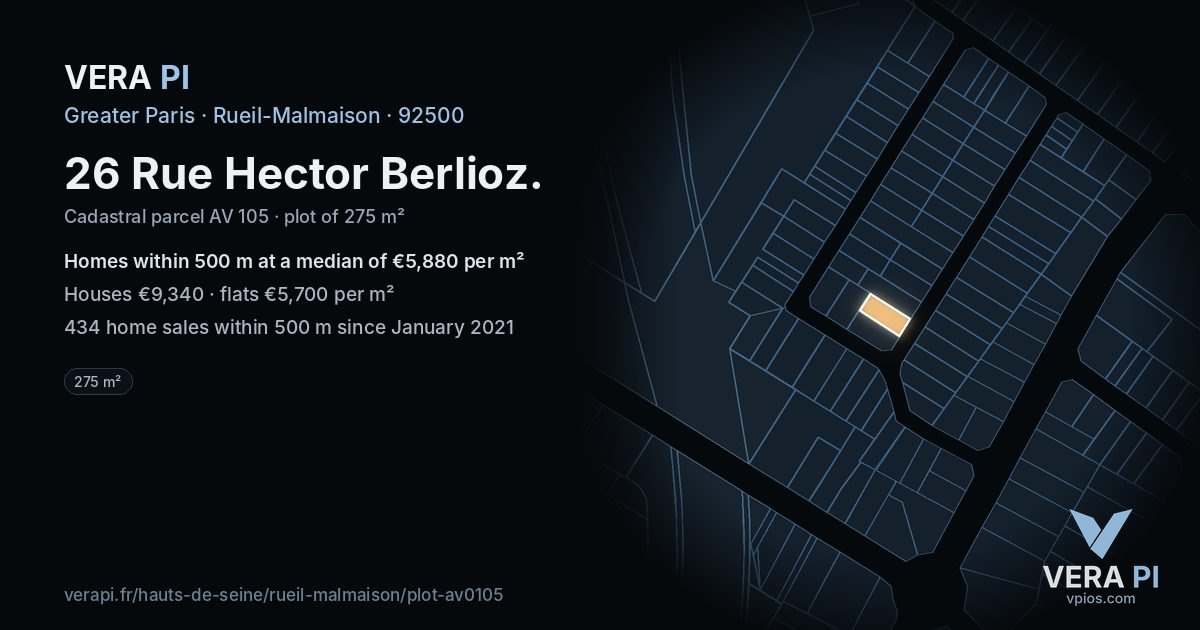 26 Rue Hector Berlioz, Rueil-Malmaison at night – the plot lit, the parcels around coloured by the prices near them