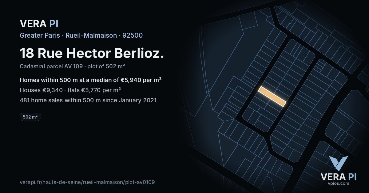 18 Rue Hector Berlioz, Rueil-Malmaison at night – the plot lit, the parcels around coloured by the prices near them