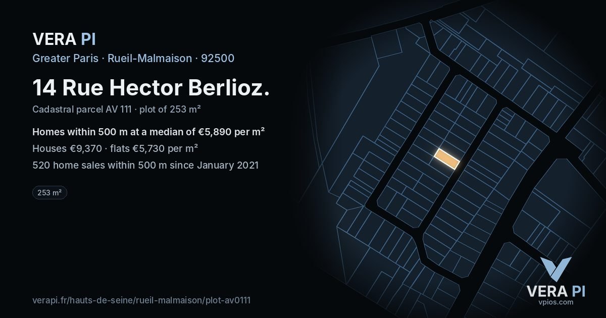 14 Rue Hector Berlioz, Rueil-Malmaison at night – the plot lit, the parcels around coloured by the prices near them