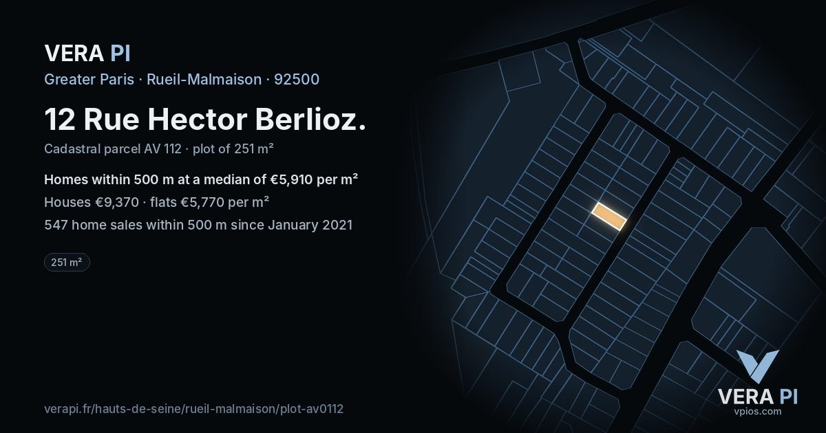 12 Rue Hector Berlioz, Rueil-Malmaison at night – the plot lit, the parcels around coloured by the prices near them