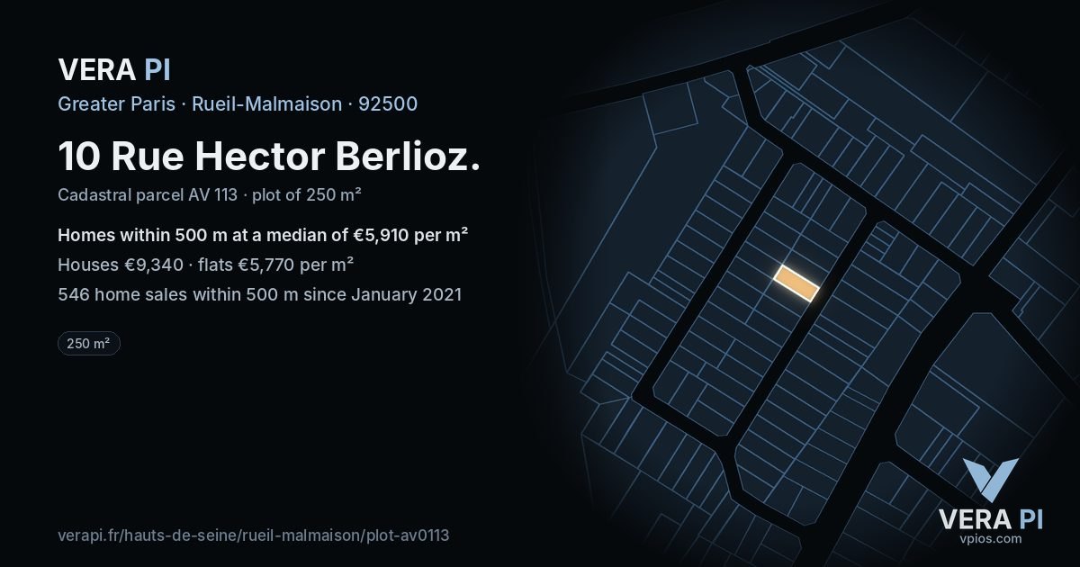 10 Rue Hector Berlioz, Rueil-Malmaison at night – the plot lit, the parcels around coloured by the prices near them