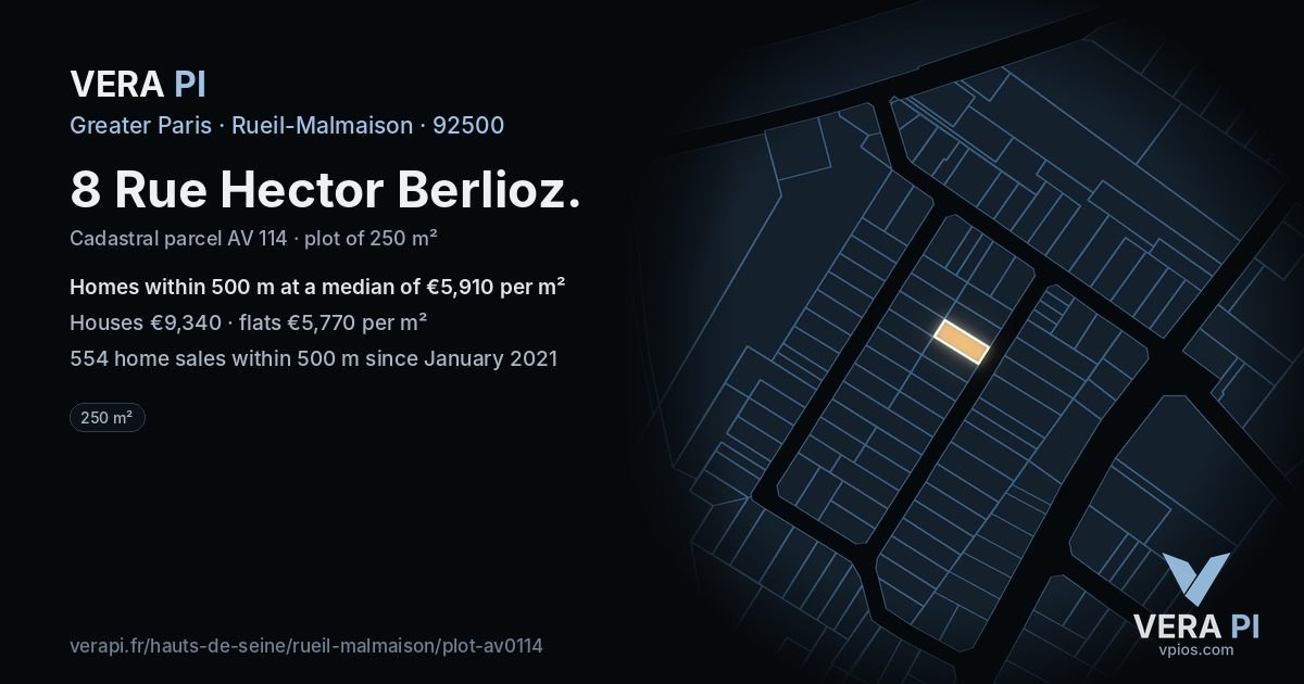 8 Rue Hector Berlioz, Rueil-Malmaison at night – the plot lit, the parcels around coloured by the prices near them