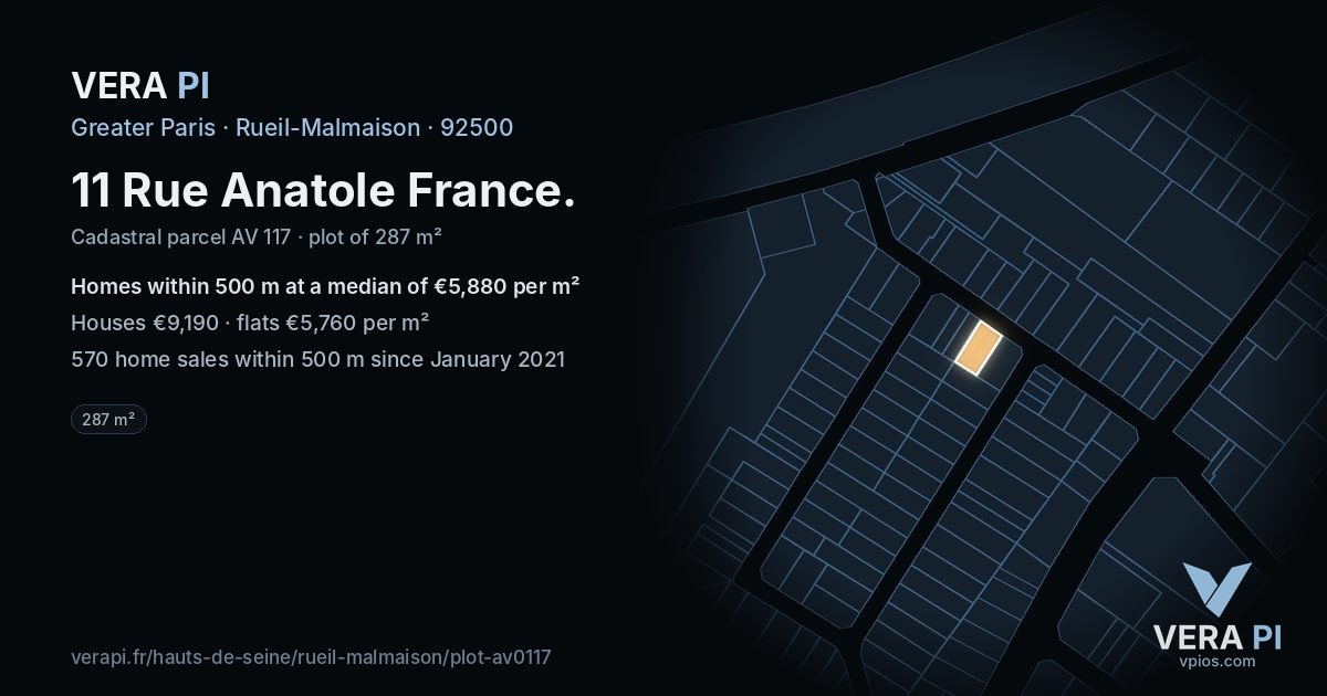 11 Rue Anatole France, Rueil-Malmaison at night – the plot lit, the parcels around coloured by the prices near them