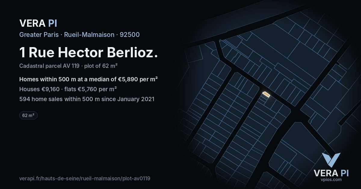 1 Rue Hector Berlioz, Rueil-Malmaison at night – the plot lit, the parcels around coloured by the prices near them