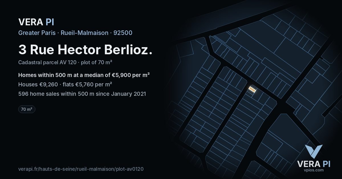 3 Rue Hector Berlioz, Rueil-Malmaison at night – the plot lit, the parcels around coloured by the prices near them