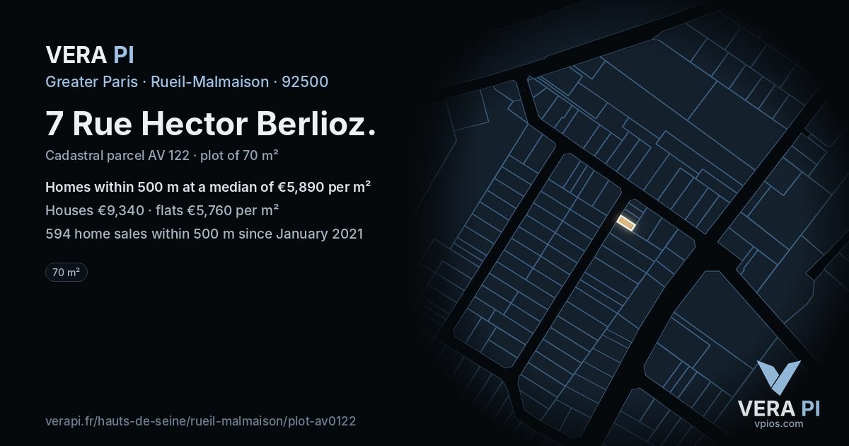7 Rue Hector Berlioz, Rueil-Malmaison at night – the plot lit, the parcels around coloured by the prices near them