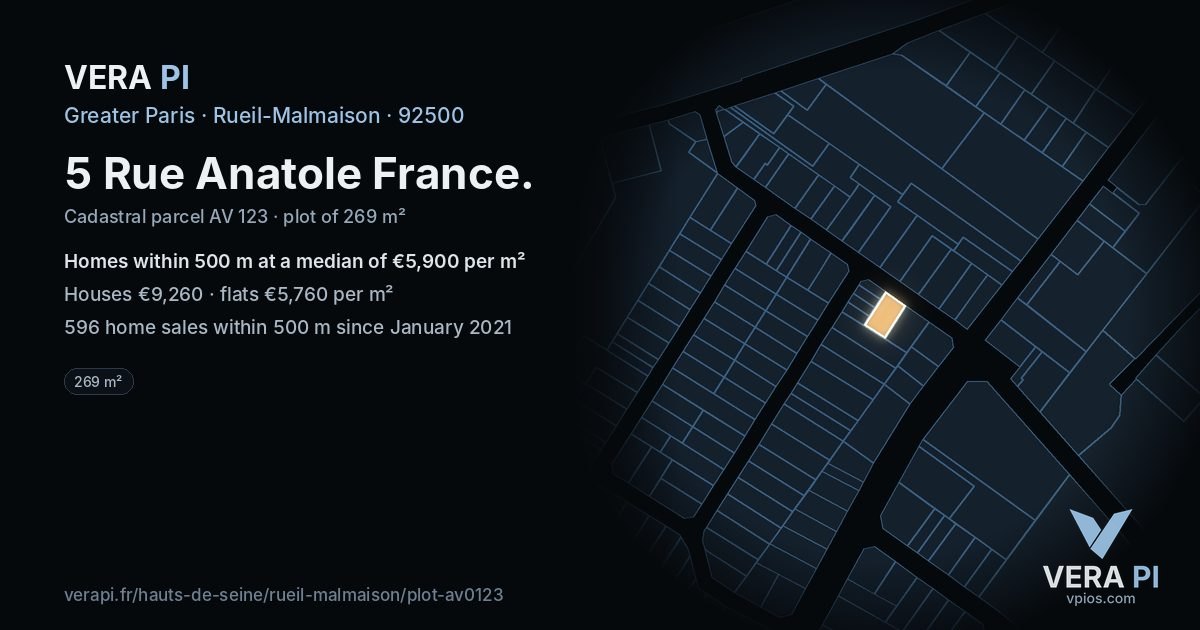 5 Rue Anatole France, Rueil-Malmaison at night – the plot lit, the parcels around coloured by the prices near them