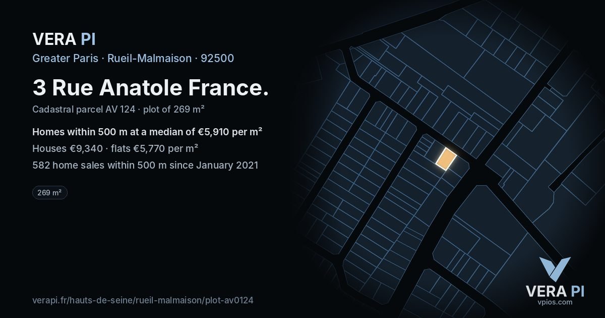 3 Rue Anatole France, Rueil-Malmaison at night – the plot lit, the parcels around coloured by the prices near them