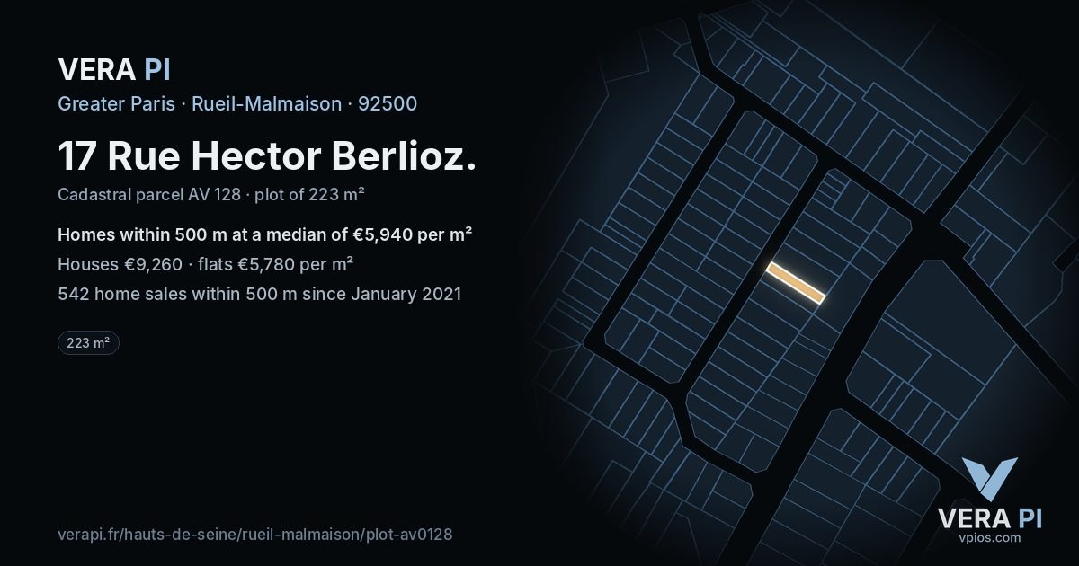 17 Rue Hector Berlioz, Rueil-Malmaison at night – the plot lit, the parcels around coloured by the prices near them