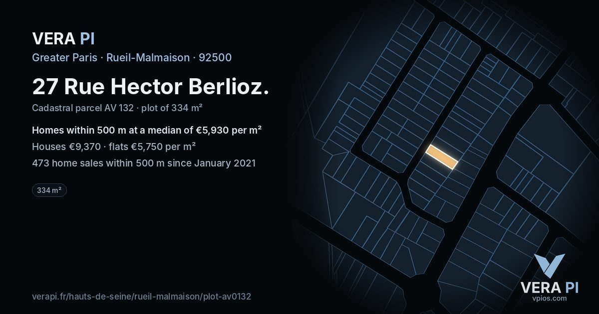 27 Rue Hector Berlioz, Rueil-Malmaison at night – the plot lit, the parcels around coloured by the prices near them