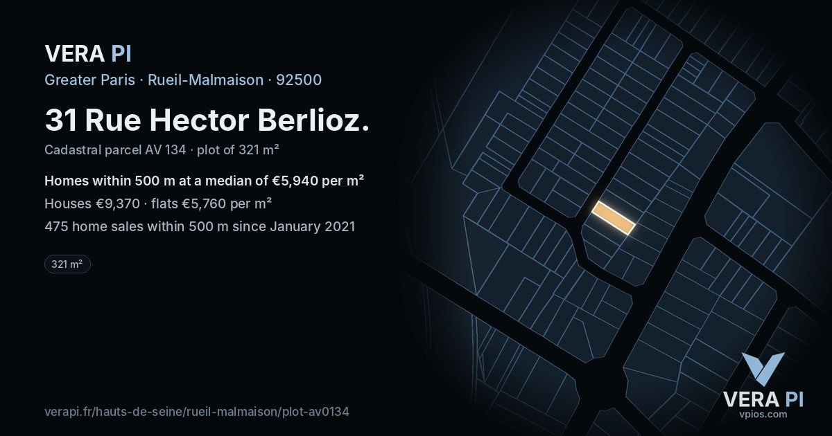 31 Rue Hector Berlioz, Rueil-Malmaison at night – the plot lit, the parcels around coloured by the prices near them