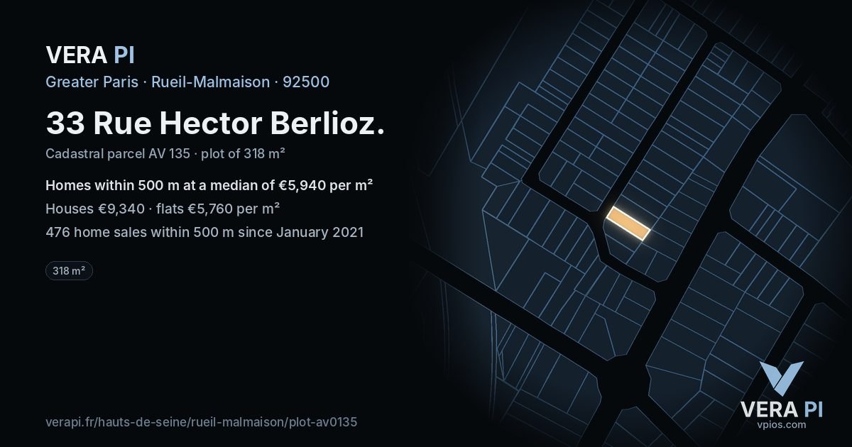 33 Rue Hector Berlioz, Rueil-Malmaison at night – the plot lit, the parcels around coloured by the prices near them