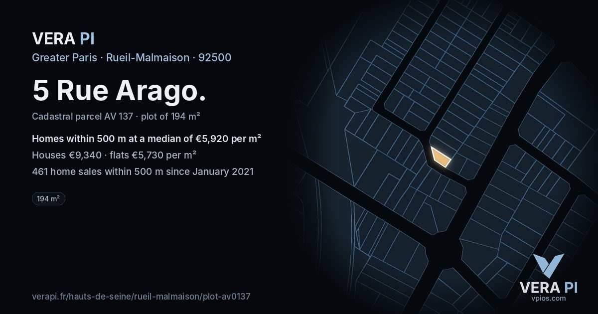 5 Rue Arago, Rueil-Malmaison at night – the plot lit, the parcels around coloured by the prices near them