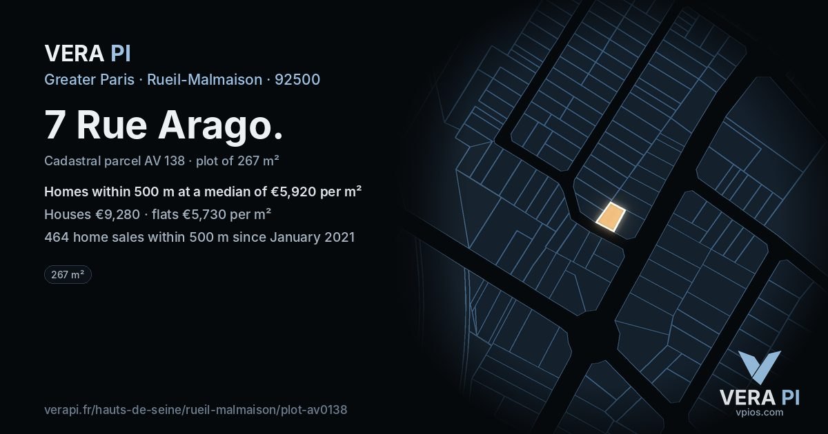 7 Rue Arago, Rueil-Malmaison at night – the plot lit, the parcels around coloured by the prices near them