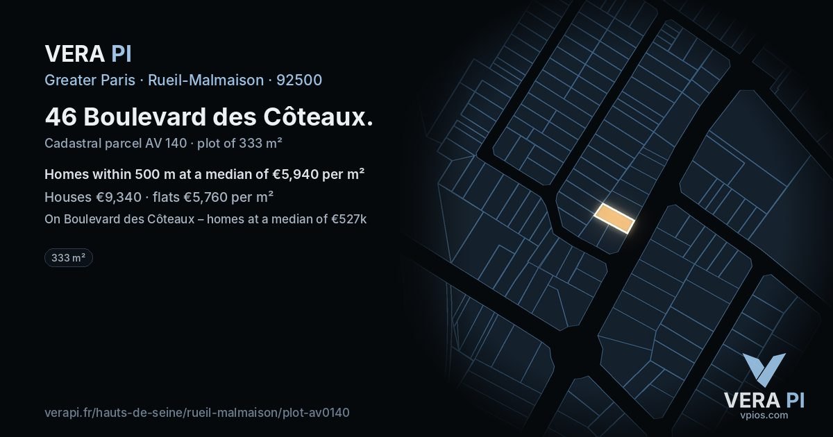 46 Boulevard des Côteaux, Rueil-Malmaison at night – the plot lit, the parcels around coloured by the prices near them