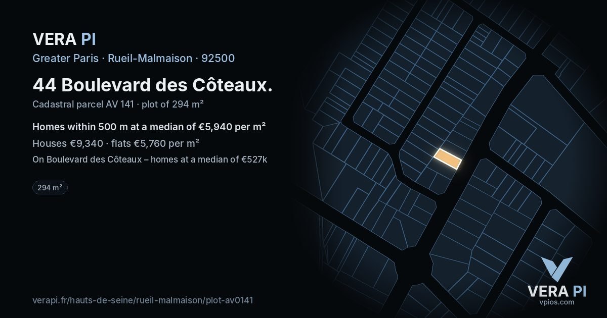 44 Boulevard des Côteaux, Rueil-Malmaison at night – the plot lit, the parcels around coloured by the prices near them
