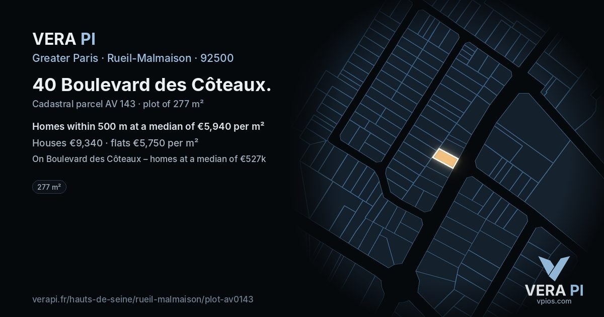 40 Boulevard des Côteaux, Rueil-Malmaison at night – the plot lit, the parcels around coloured by the prices near them