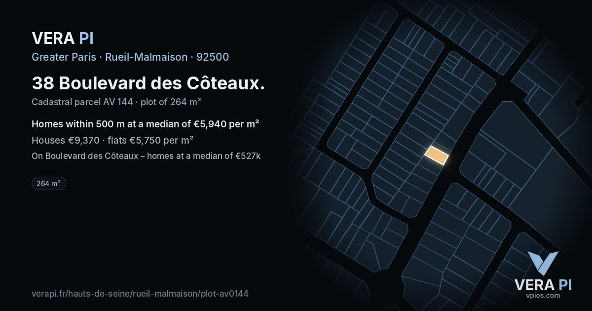 38 Boulevard des Côteaux, Rueil-Malmaison at night – the plot lit, the parcels around coloured by the prices near them