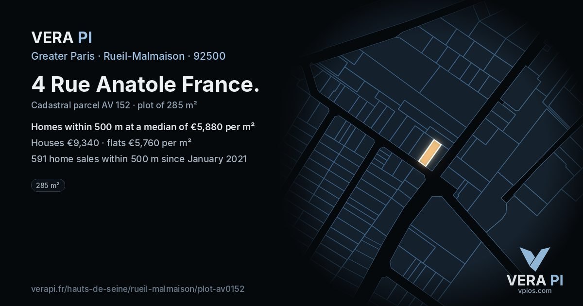 4 Rue Anatole France, Rueil-Malmaison at night – the plot lit, the parcels around coloured by the prices near them