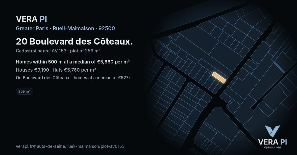 20 Boulevard des Côteaux, Rueil-Malmaison at night – the plot lit, the parcels around coloured by the prices near them