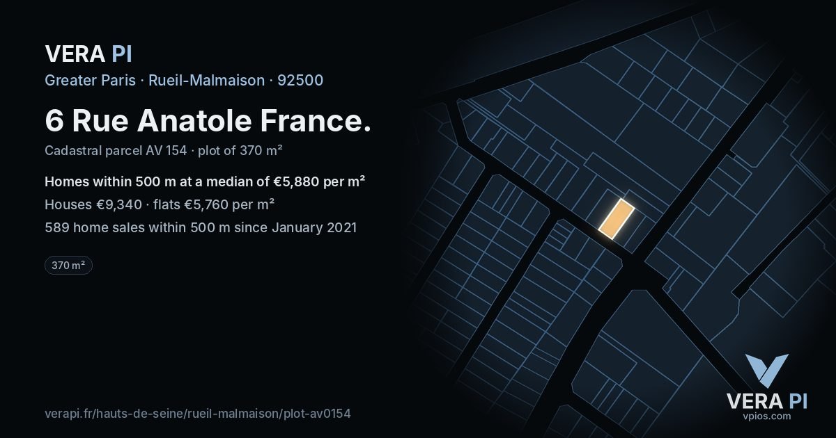 6 Rue Anatole France, Rueil-Malmaison at night – the plot lit, the parcels around coloured by the prices near them