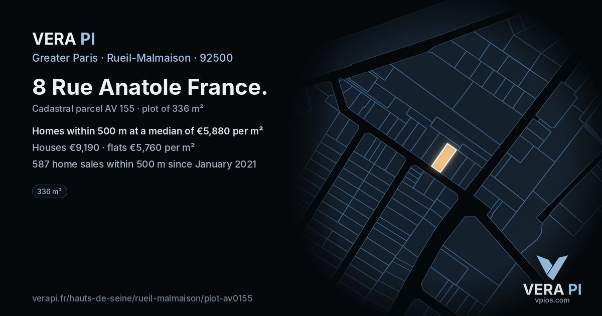 8 Rue Anatole France, Rueil-Malmaison at night – the plot lit, the parcels around coloured by the prices near them