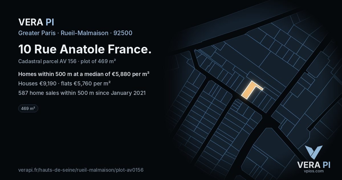 10 Rue Anatole France, Rueil-Malmaison at night – the plot lit, the parcels around coloured by the prices near them