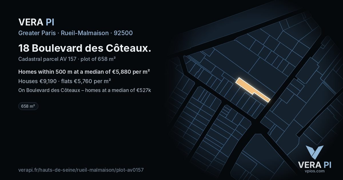18 Boulevard des Côteaux, Rueil-Malmaison at night – the plot lit, the parcels around coloured by the prices near them
