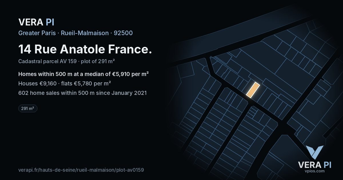 14 Rue Anatole France, Rueil-Malmaison at night – the plot lit, the parcels around coloured by the prices near them