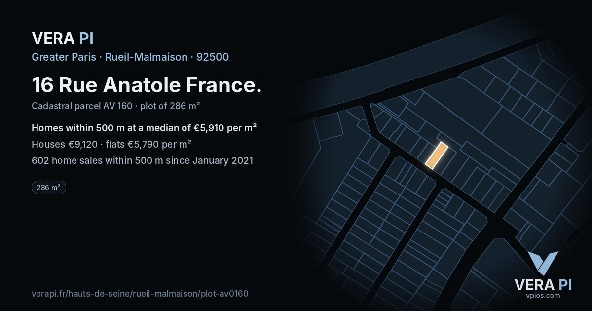 16 Rue Anatole France, Rueil-Malmaison at night – the plot lit, the parcels around coloured by the prices near them