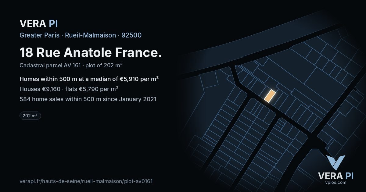 18 Rue Anatole France, Rueil-Malmaison at night – the plot lit, the parcels around coloured by the prices near them