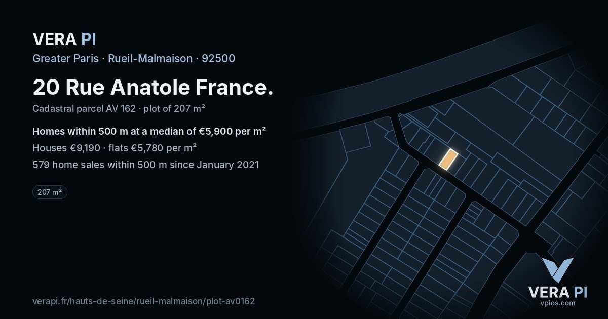 20 Rue Anatole France, Rueil-Malmaison at night – the plot lit, the parcels around coloured by the prices near them