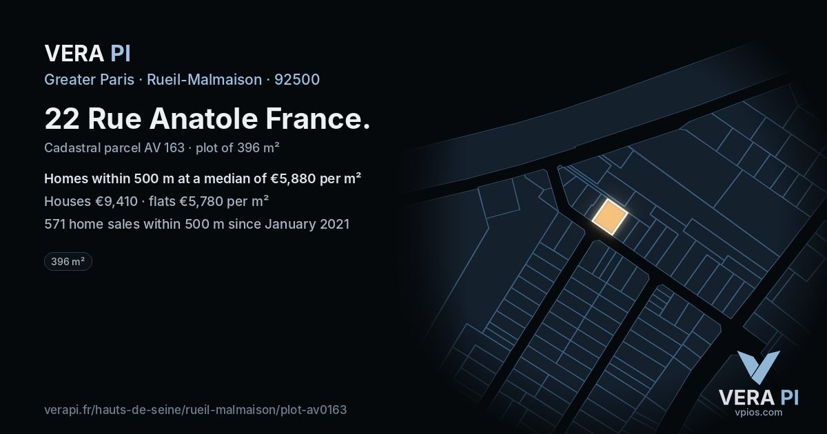 22 Rue Anatole France, Rueil-Malmaison at night – the plot lit, the parcels around coloured by the prices near them