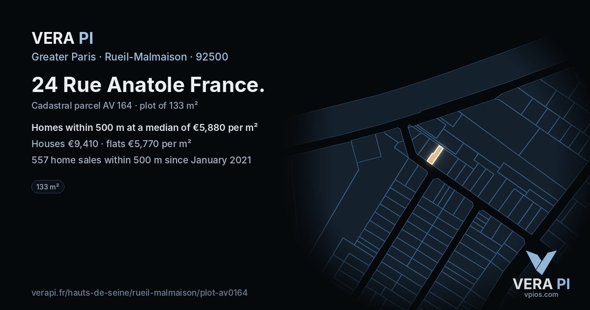 24 Rue Anatole France, Rueil-Malmaison at night – the plot lit, the parcels around coloured by the prices near them