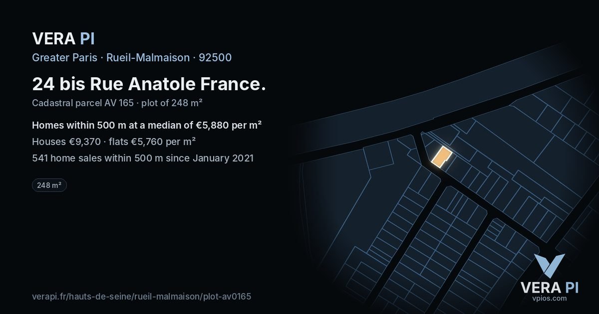 24 bis Rue Anatole France, Rueil-Malmaison at night – the plot lit, the parcels around coloured by the prices near them