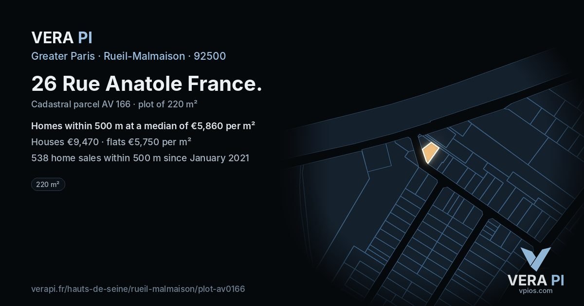 26 Rue Anatole France, Rueil-Malmaison at night – the plot lit, the parcels around coloured by the prices near them
