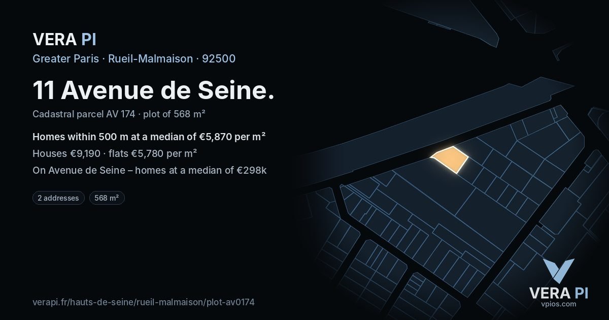 11 Avenue de Seine, Rueil-Malmaison at night – the plot lit, the parcels around coloured by the prices near them