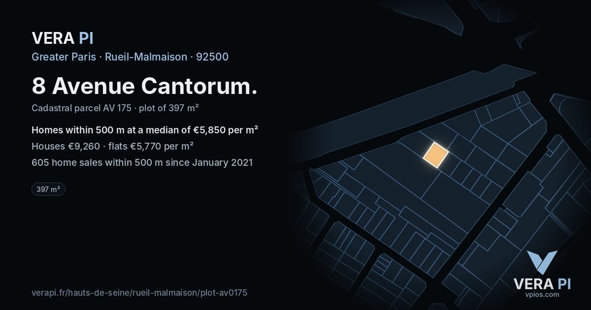 8 Avenue Cantorum, Rueil-Malmaison at night – the plot lit, the parcels around coloured by the prices near them