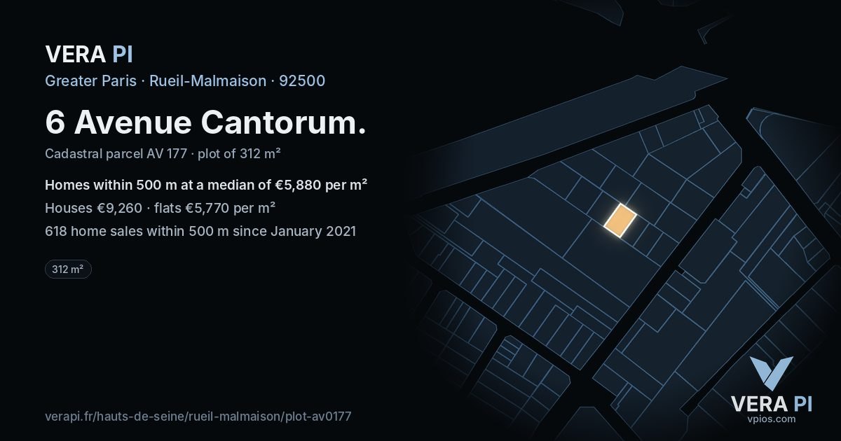 6 Avenue Cantorum, Rueil-Malmaison at night – the plot lit, the parcels around coloured by the prices near them